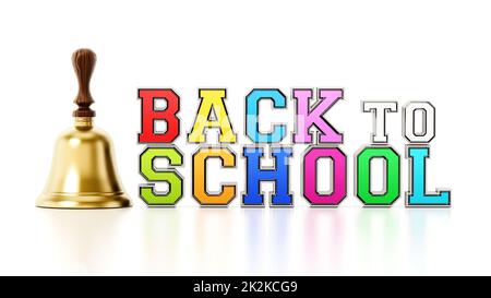 Back to school text and school bell isolated on white background. 3D illustration Stock Photo