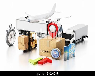 Global transportation concept with vehicles and boxes. 3D illustration Stock Photo