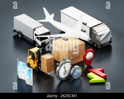 Global transportation concept with vehicles and boxes. 3D illustration Stock Photo