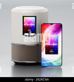 Smart speaker with LCD screen and smartphone playing music. 3D illustration Stock Photo