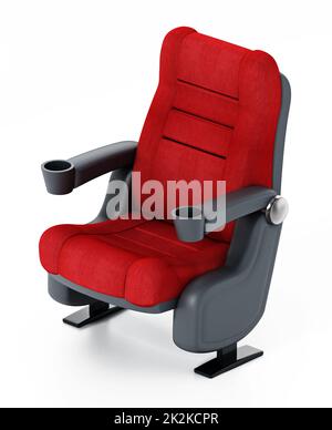 Spotlit red cinema chair with popcorn and soda. 3D illustration Stock Photo