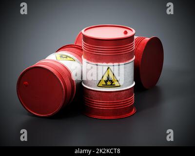 Old barrels with inflammable symbol on black background. 3D illustration Stock Photo