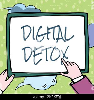 Text sign showing Digital Detox. Business showcase Free of Electronic Devices Disconnect to Reconnect Unplugged Hands Holding Paper Showing New Ideas Surrounded With Stars. Stock Photo