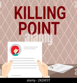 Text showing inspiration Killing Point. Concept meaning Phase End Review Stage Gate Project Evaluation No Go Hands Holding Resume Showing New Career Opportunities Open. Stock Photo