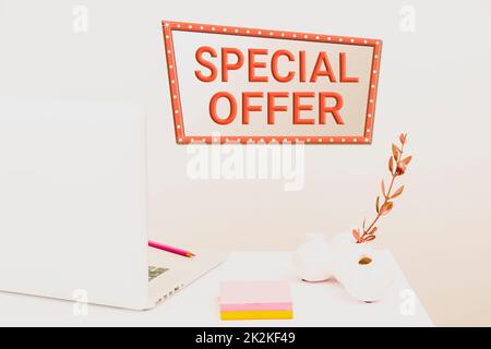 Inspiration showing sign Special Offer. Internet Concept Selling at a lower or discounted price Bargain with Freebies Tidy Workspace Setup, Writing Desk Tools Equipment, Smart Office Stock Photo