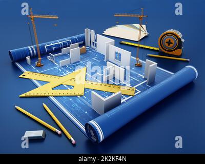 House construction project. 3D illustration Stock Photo