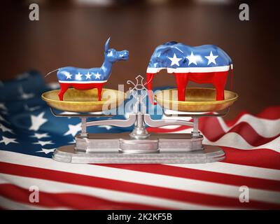 Republican and Democrat party political symbols elephant and donkey on American flag. 3D illustration Stock Photo