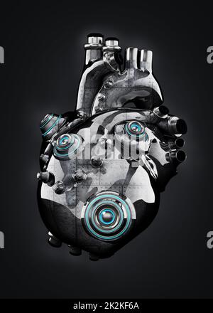 Artificial mechanic chrome heart isolated on black. 3D illustration Stock Photo