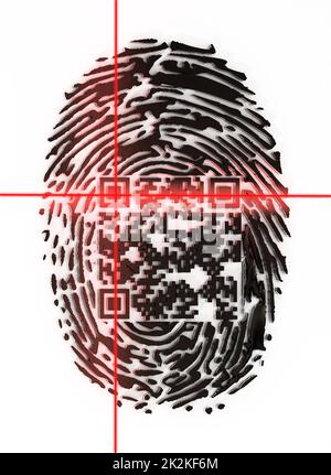 Generic QR code inside fingerprint being scanned. 3D illustration Stock Photo