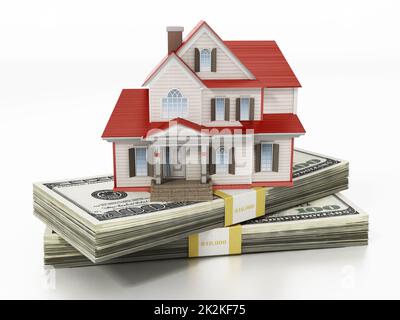 House standing on lots of 100 dollar bills. 3D illustration Stock Photo