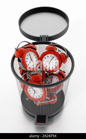 Red alarm clocks inside garbage bin isolated on white. 3D illustration Stock Photo