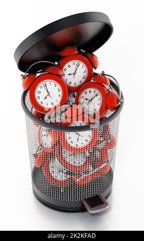 Red alarm clocks inside garbage bin isolated on white. 3D illustration Stock Photo