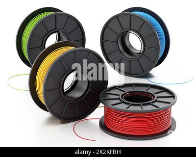 Generic new spools of 3D filaments isolated on white background. 3D illustration Stock Photo