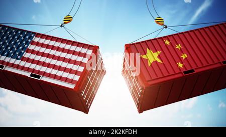 Trade wars concept with American and Chinese flag textured cargo containers clashing. 3D illustration Stock Photo