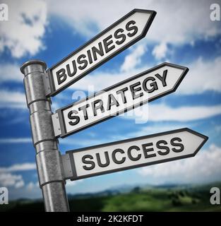 Business, strategy and success signboard against blue sky. 3D illustration Stock Photo