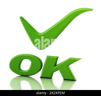 Ok word and tick sign isolated on white background. 3D illustration Stock Photo