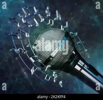 Musical notes and symbols around the microphone. 3D illustration Stock Photo