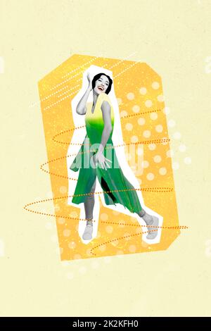 Creative photo 3d collage poster postcard artwork of cheerful pretty woman dressed weird green clothes isolated on painting background Stock Photo