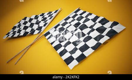 Checkered race flags on yellow background. 3D illustration Stock Photo