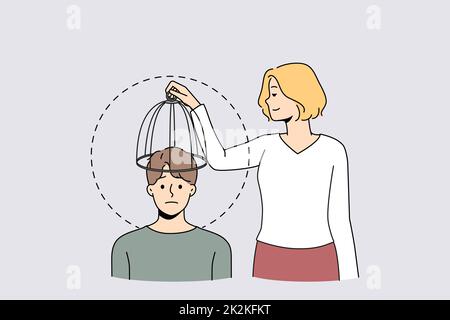 Woman take cage of imprisoned person mind Stock Photo