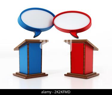 Blue and red lecterns with speech balloons. 3D illustration Stock Photo