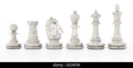 White chess pieces isolated on white background. 3D illustration Stock Photo
