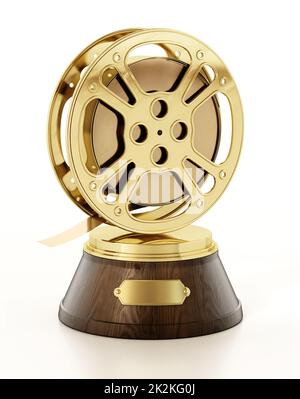 Golden film reel on wooden pedestal. Cinema award. 3D illustration Stock Photo