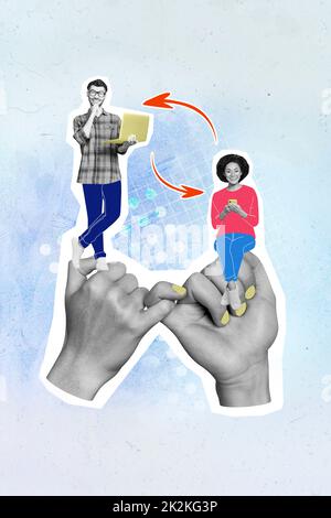 Creative photo 3d collage poster postcard artwork of two person workers sit big hands little fingers isolated on painting background Stock Photo