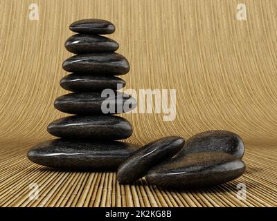 Black balancing stones standing on bamboo background. 3D illustration Stock Photo