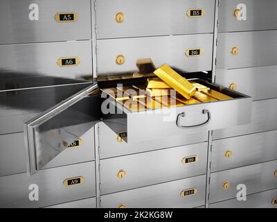 Gold ingots inside private bank deposit box. 3D illustration Stock Photo
