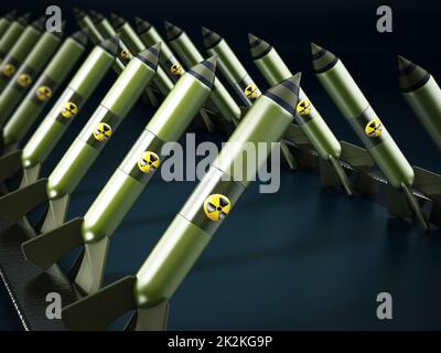 Nuclear missiles in a row. 3D illustration Stock Photo