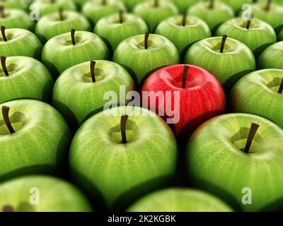 Red apple standing out from green apples. 3D illustration Stock Photo