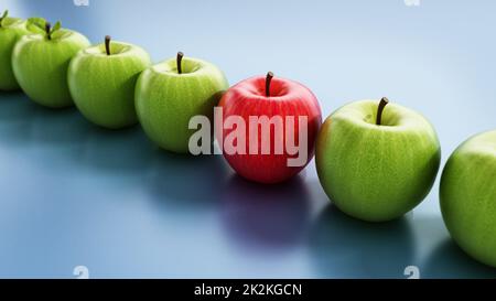 Red apple standing out from green apples. 3D illustration Stock Photo