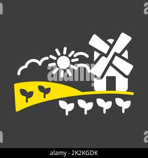 Rural landscape with windmill glyph icon Stock Photo