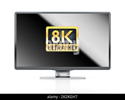Gold 8K Ultra HD label on generic TV with reflection. 3D illustration Stock Photo