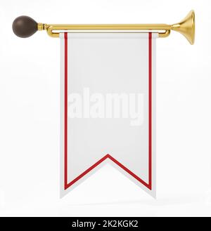 Trumpet with white flag isolated on white background. 3D illustration Stock Photo