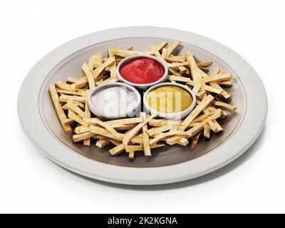 French fries with ketchup in the dish isolated on white background. 3D illustration Stock Photo