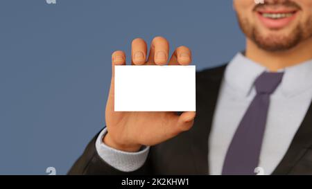 businessman holding business card in his hand, cartoon 3D illustration Stock Photo