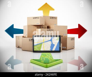 Cargo boxes, four way arrows and tablet computer withGPS map. 3D illustration Stock Photo