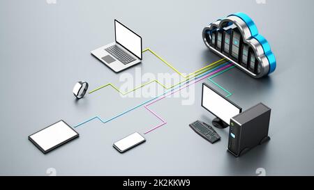 Smart devices connected to the cloud shaped servers. Cloud computing diagram. 3D illustration Stock Photo