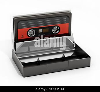 Vintage audio cassette and cassette case isolated on white background. 3D illustration Stock Photo