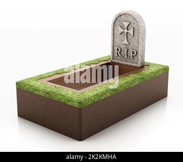 Open grave with gravestone isolated on white background. 3D illustration Stock Photo