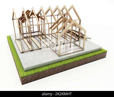 Wooden house structure on concrete base. 3D illustration Stock Photo