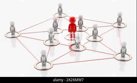 3D simplistic characters linked to each other with a red figure at the center. Business network concept. 3D illustration Stock Photo
