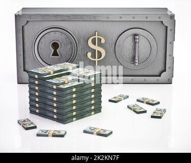 Dollar bill shaped money safe and bankrolls isolated on white background. 3D illustration Stock Photo