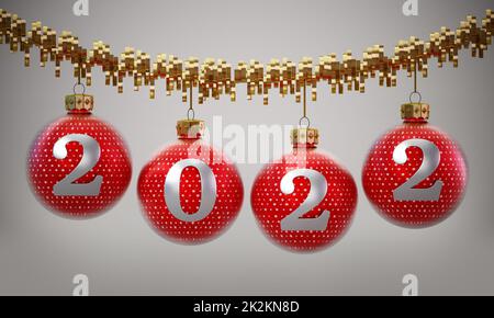 Number 2022 on red Christmas baubles. 3D illustration Stock Photo