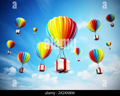 Hot air balloon with gift box on orange background. Minimal style. 3d  rendering Stock Photo - Alamy