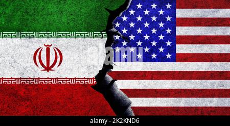 USA and Iran flags together. Iran and United States of America relation. USA vs Iran Stock Photo