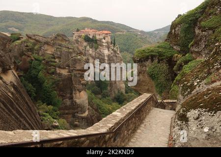 Amazing view from the stairs leading up to the Holy Monastery of Great Meteoron Stock Photo