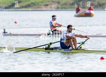Racice, Czech Republic. 23rd Sep, 2022. Stefanos Ntuskos of Greece competing on Men's sculls semifinal during Day 6 of the 2022 World Rowing Championships at the Labe Arena Racice on September 23, 2022 in Racice, Czech Republic. Credit: Ondrej Hajek/CTK Photo/Alamy Live News